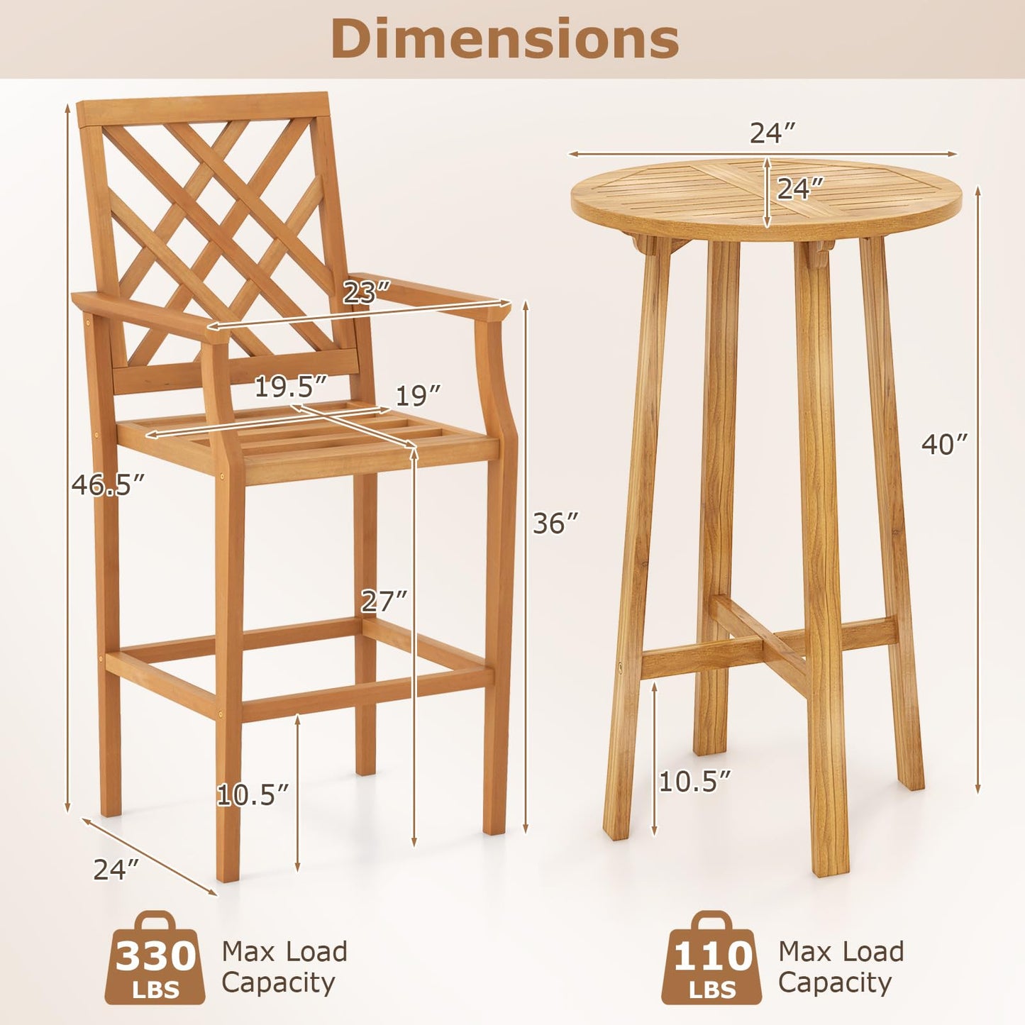 Tangkula 3 Piece Patio Bar Set, Teak Wood Bistro Furniture with Backrest, Armrests & Footrest - 2*JV11957+JV11903