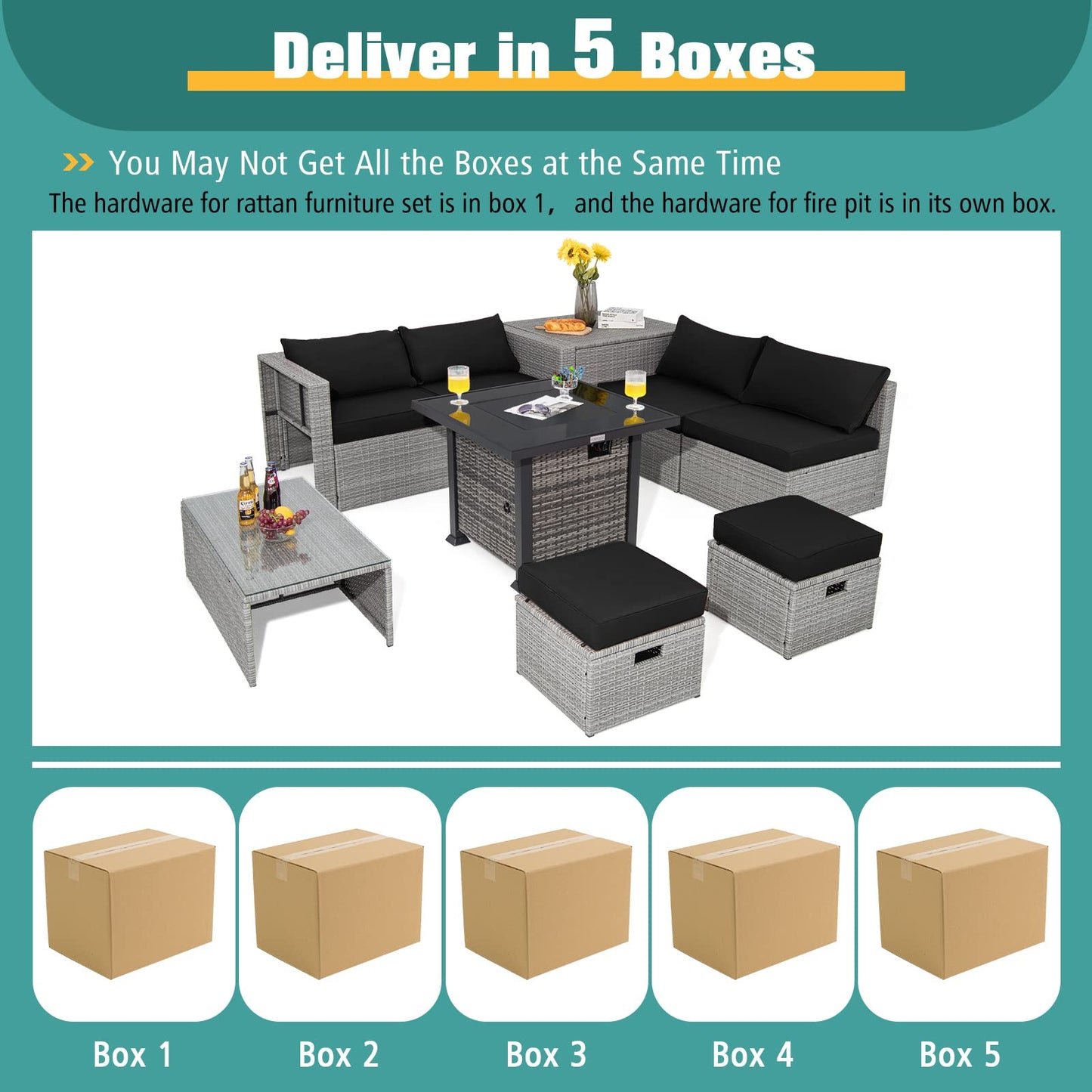 Tangkula 9 Pieces Outdoor Patio Furniture Set with 32-Inch Propane Fire Pit Table - NP10618GR+HW68604DK+