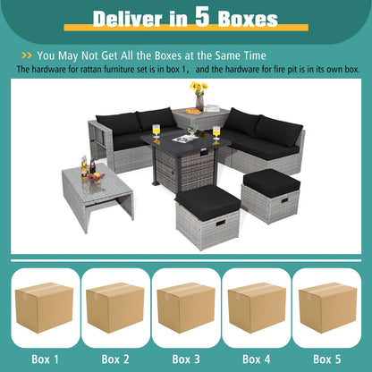 Tangkula 9 Pieces Outdoor Patio Furniture Set with 32-Inch Propane Fire Pit Table - NP10618GR+HW68604DK+