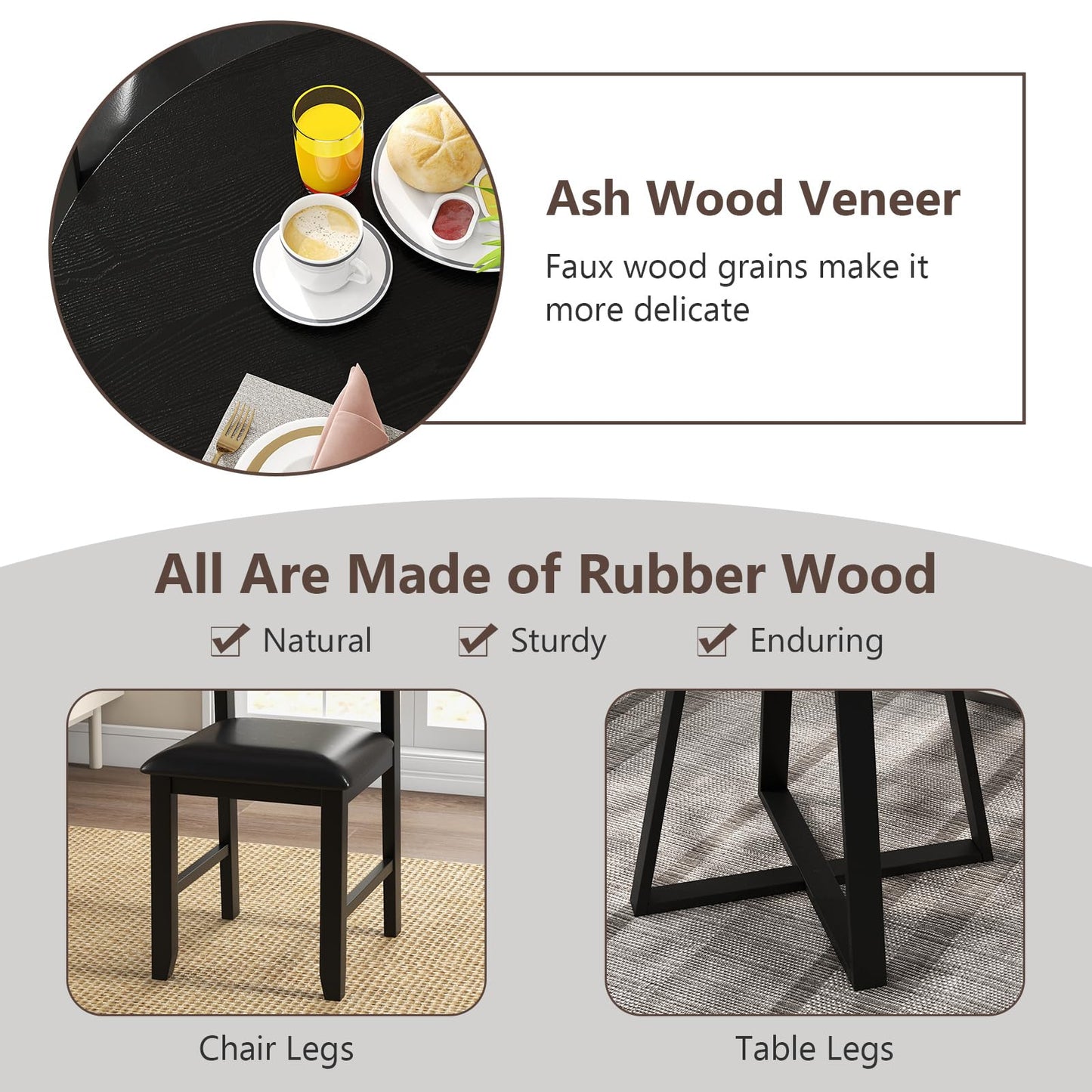 Tangkula Round Dining Table Set , Dinette Set with Table and Padded PU Chairs - KC57274BK+KC57108BK