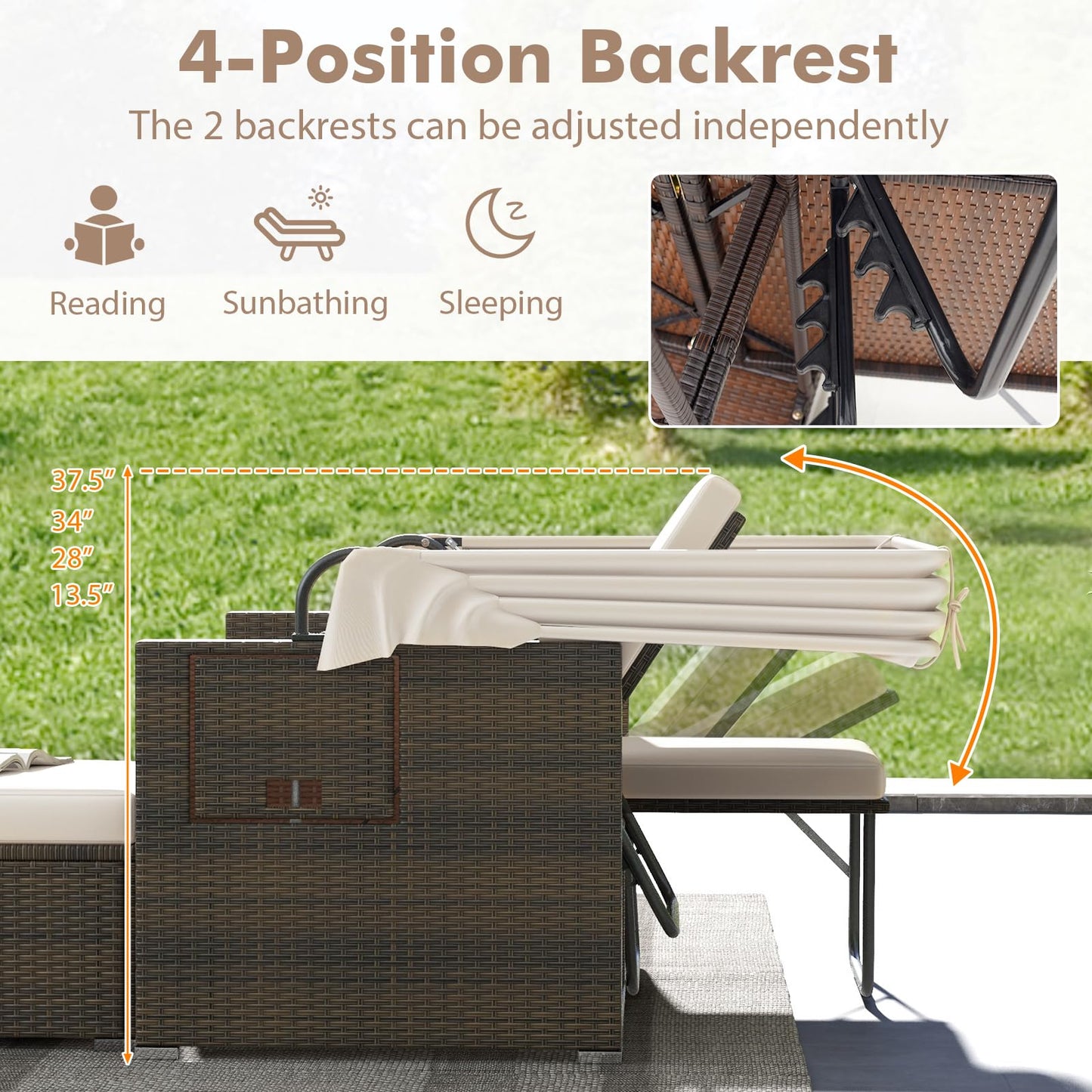 Tangkula Outdoor Patio Rattan Daybed w/Retractable Canopy & Adjustable Backrests - HW72573BN+