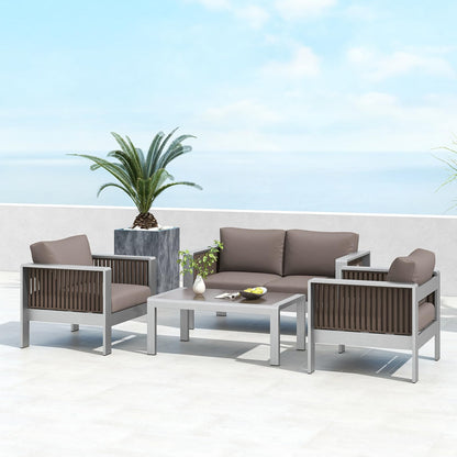 Tangkula Patio Aluminum Loveseat Sofa, Outdoor Furniture Set with Thick Back & Seat Cushions (Gray) - NP11417GR