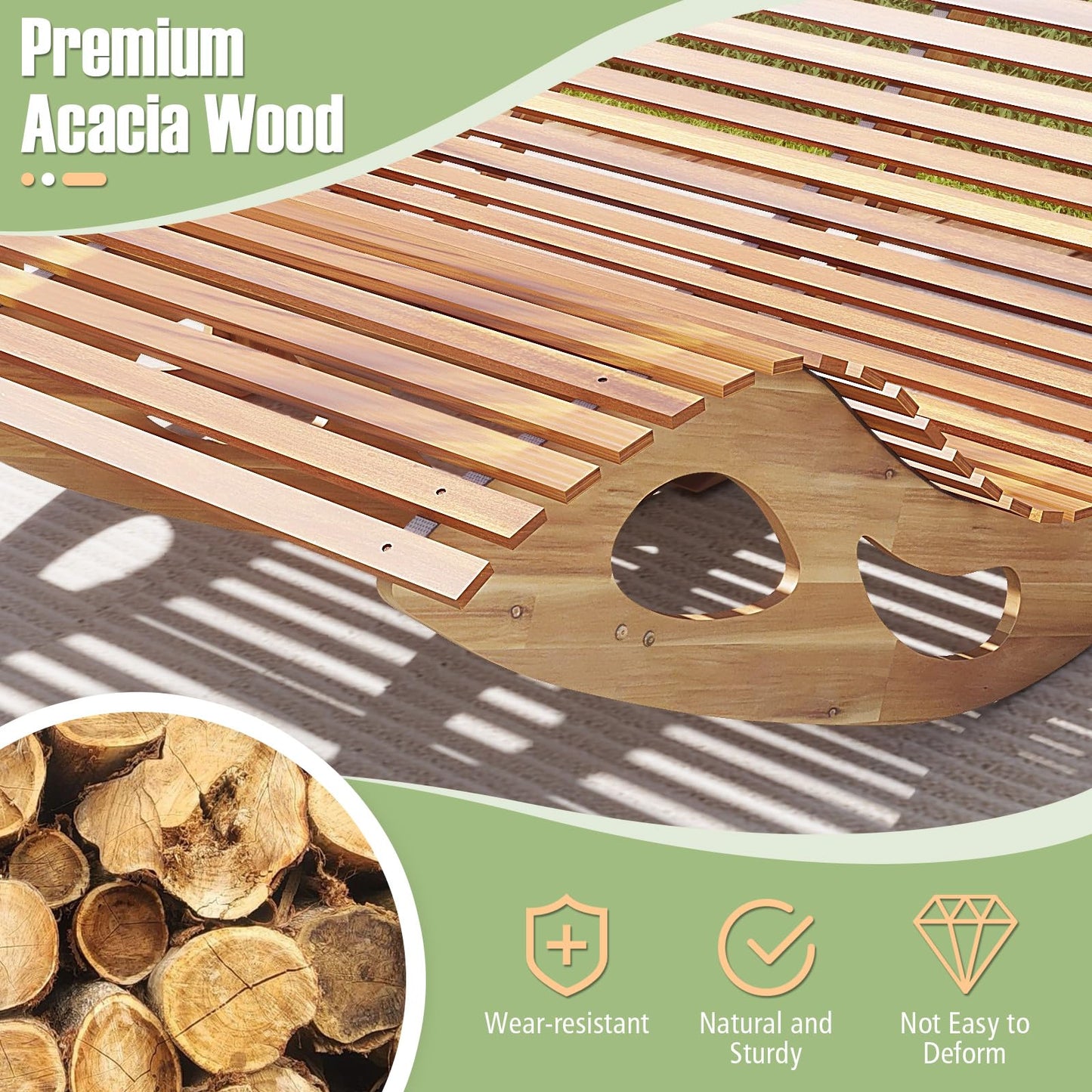 Tangkula Outdoor Double Chaise Lounge Chair, Acacia Wood Rocking Sunbed with Slatted Backrest and Seat - NP12023