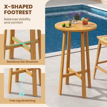 Tangkula 3 Piece Patio Bar Set, Teak Wood Bistro Furniture with Backrest, Armrests & Footrest - 2*JV11957+JV11903