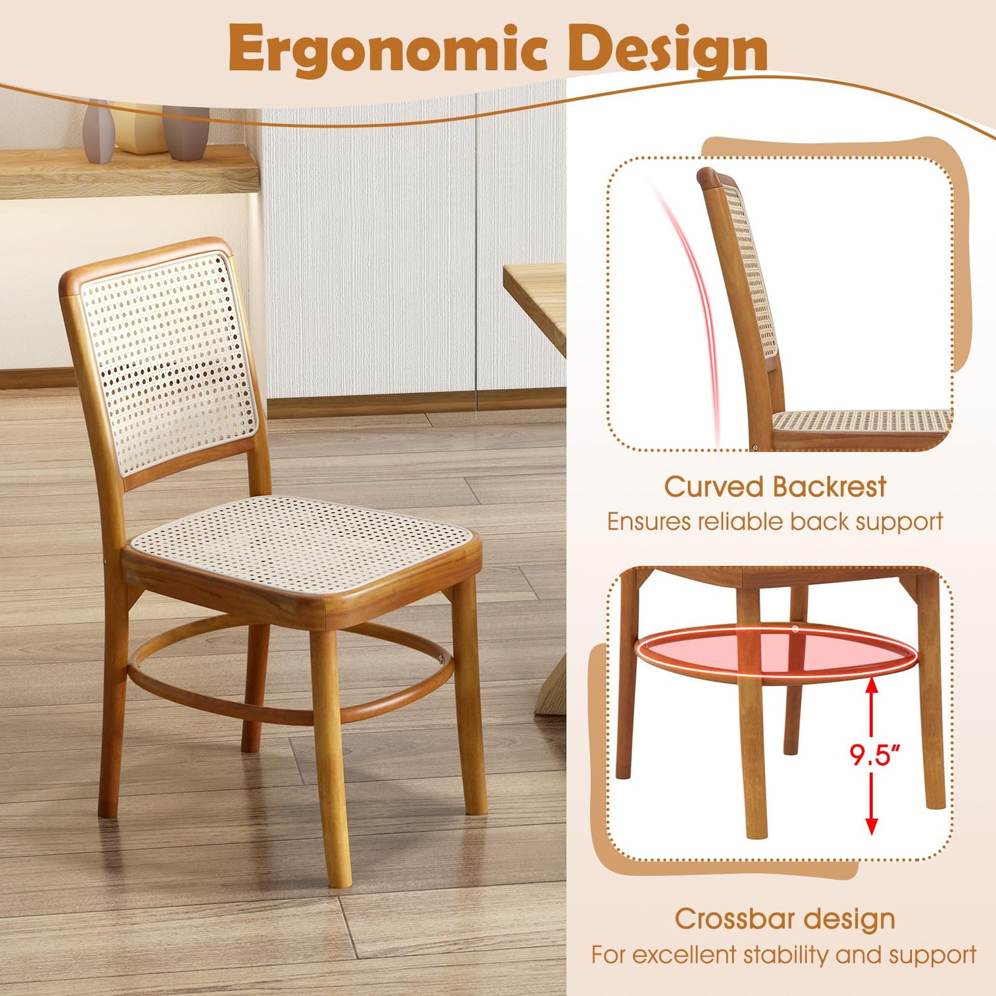 Tangkula Boho Dining Chairs, Natural Rattan Living Room Chairs with Teak Wood Structure & Footrests - JV11895