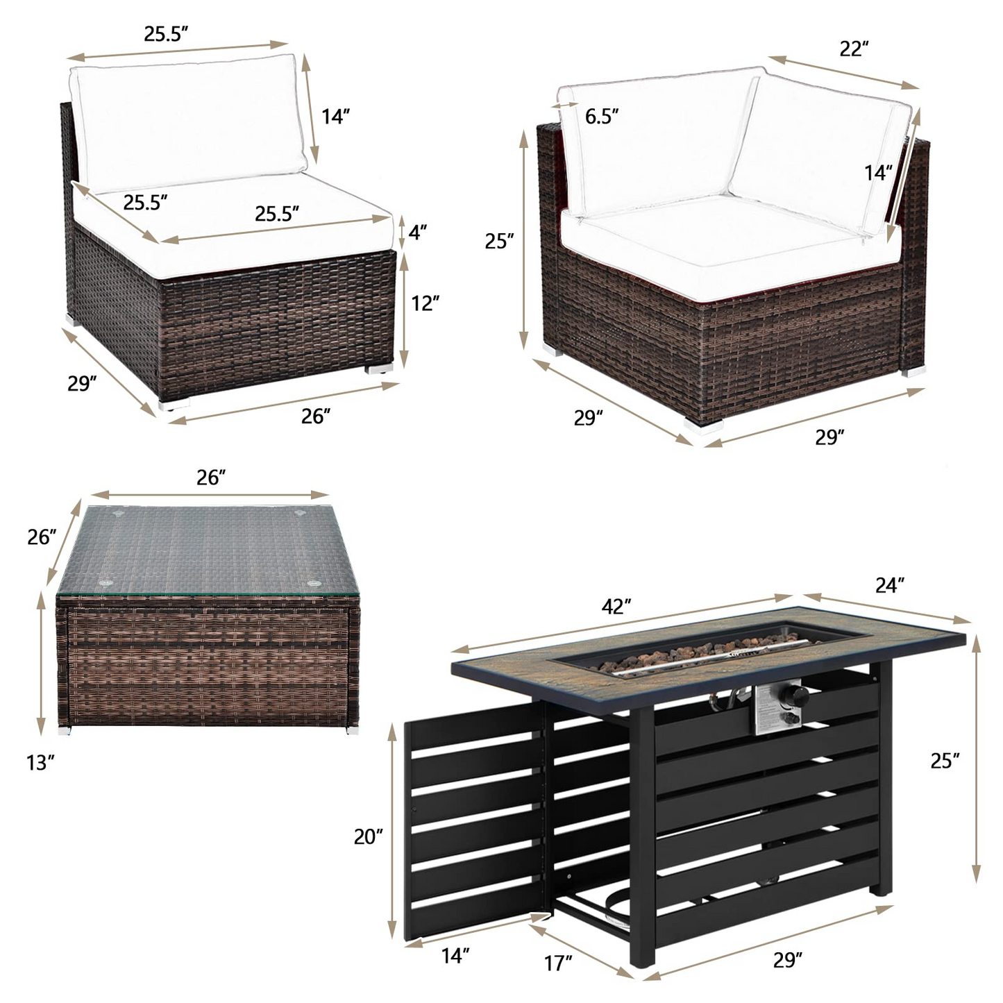 Tangkula 6-Piece Patio Furniture Set with 42 Inches Propane Fire Pit Table - NP10461+HW68691BDK+