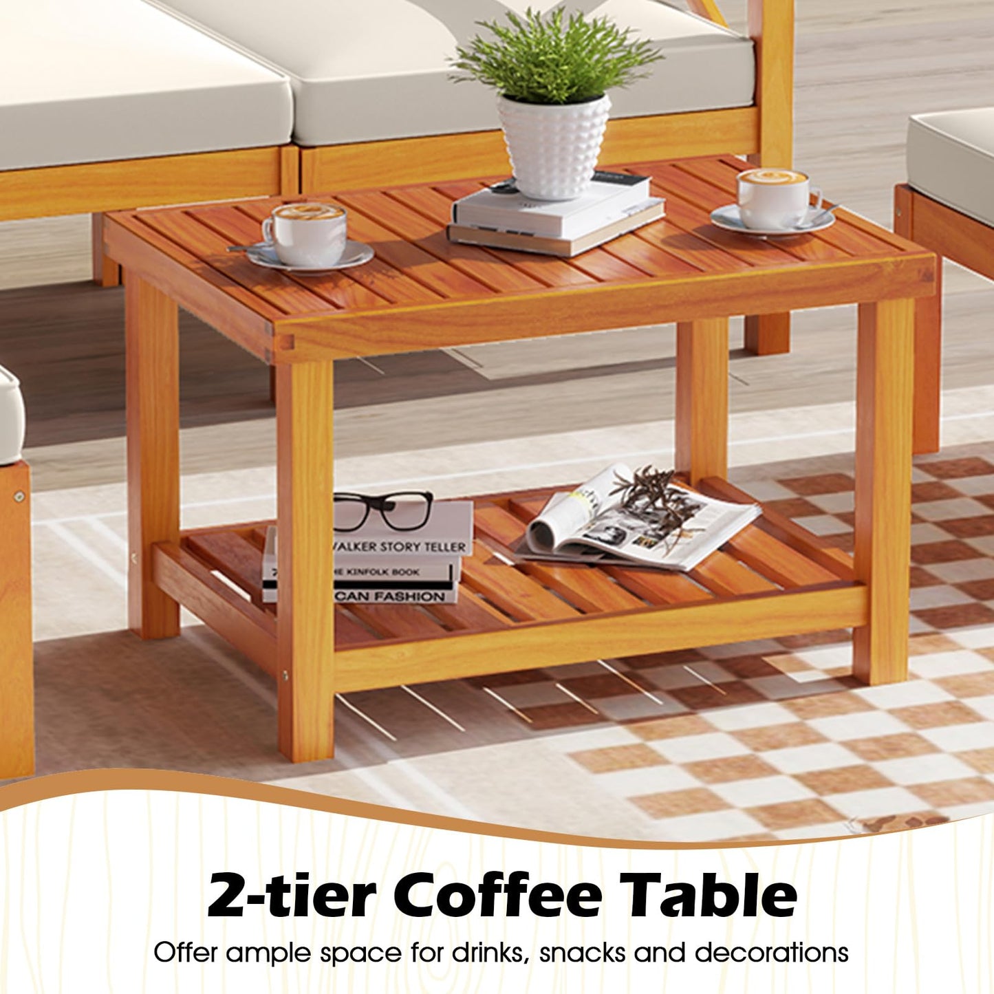 Tangkula 5 Pieces Acacia Wood Patio Chaise Lounge Chair Set with Ottomans and Cushions - HW72989WH+