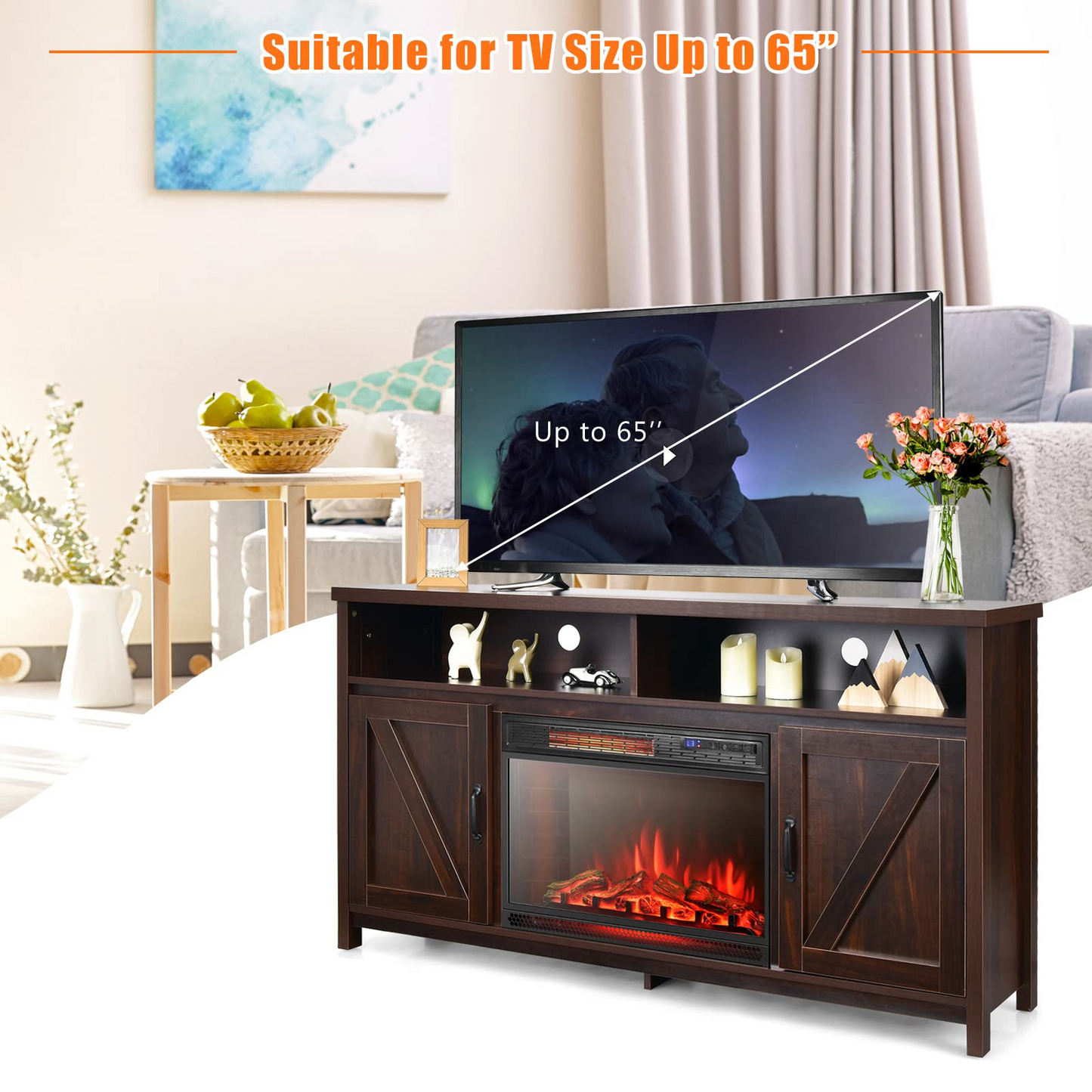 Tangkula Electric Fireplace TV Stand, 59 Inches TV Console - HV10083CF+FP10047US