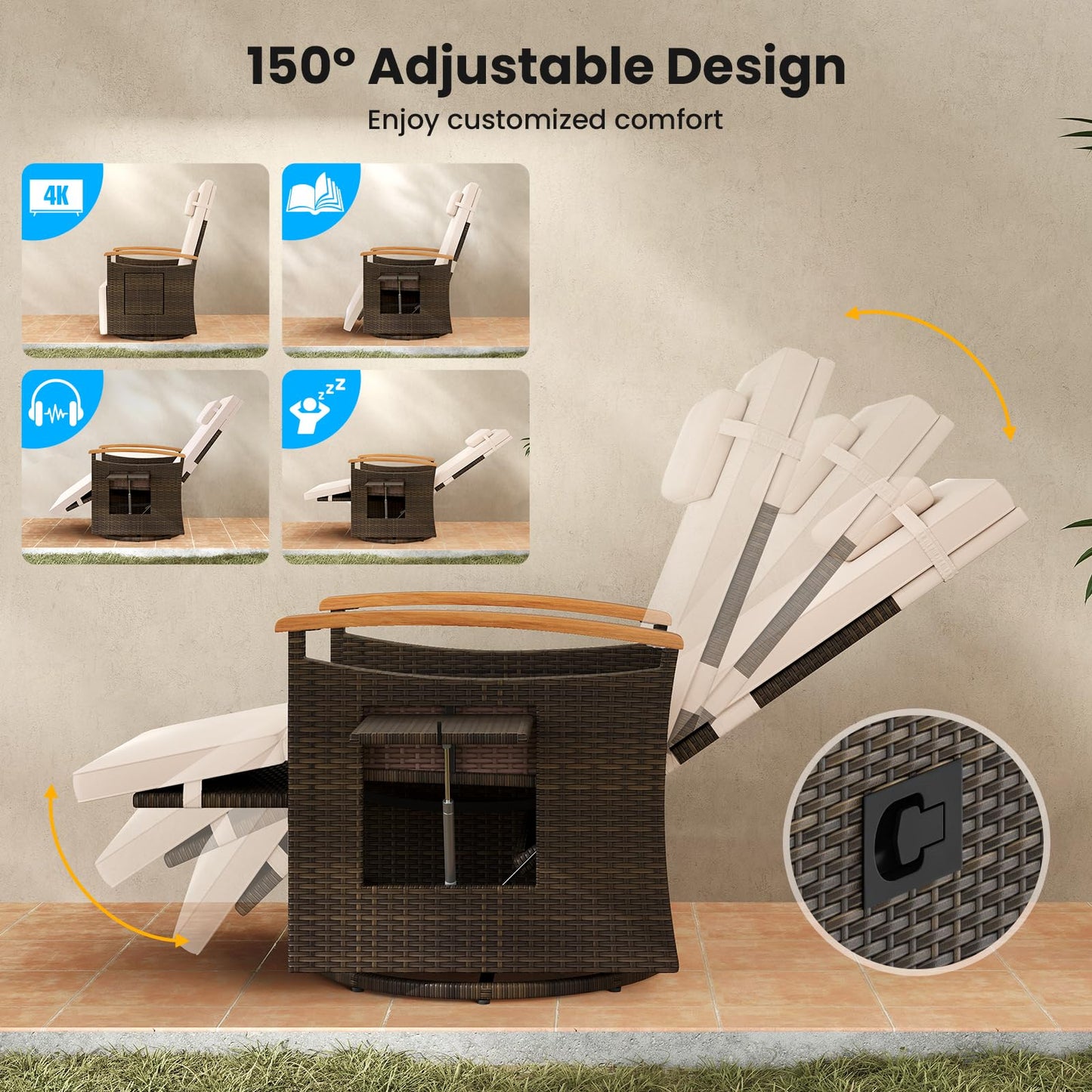 Tangkula Patio Rattan 360 Degree Swivel Recliner Chair, Wicker Lounge Chair w/Adjustable Backrest &amp; Footrest - HW72726BN