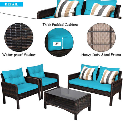 Tangkula 4 Piece Patio Furniture Set, Outdoor Wicker Conversation Set with Glass Top Coffee Table - HW68637BTU+