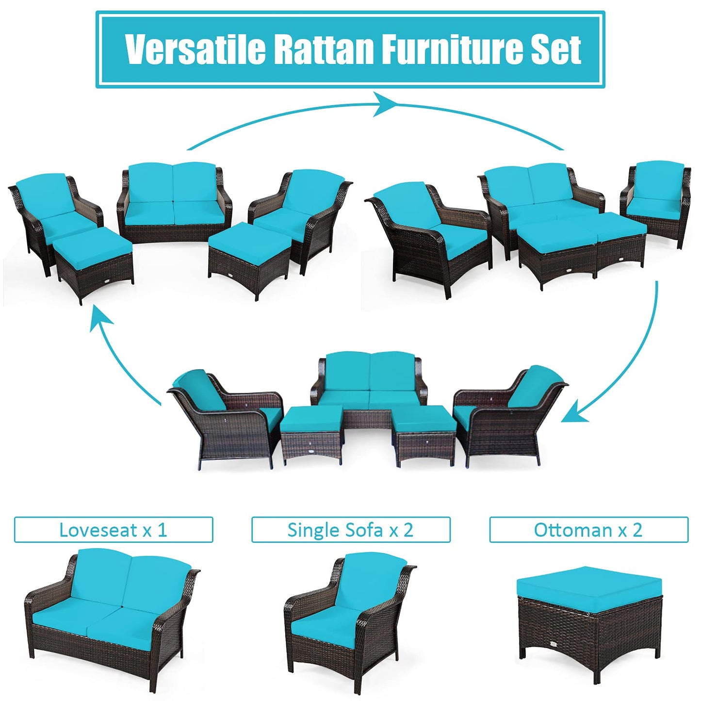 Tangkula 5 Pieces Patio Furniture Set, Outdoor Rattan Conversation Sofa Set with Loveseat - HW67702TU+