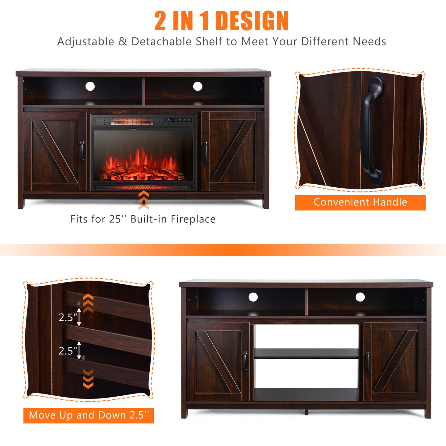 Tangkula Electric Fireplace TV Stand, 59 Inches TV Console - HV10083CF+FP10047US