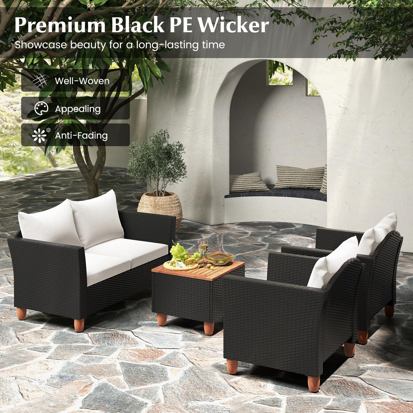 Tangkula Outdoor Conversation Set, Patio Cushioned Chairs w/Storage Coffee Table - HW72334WH+