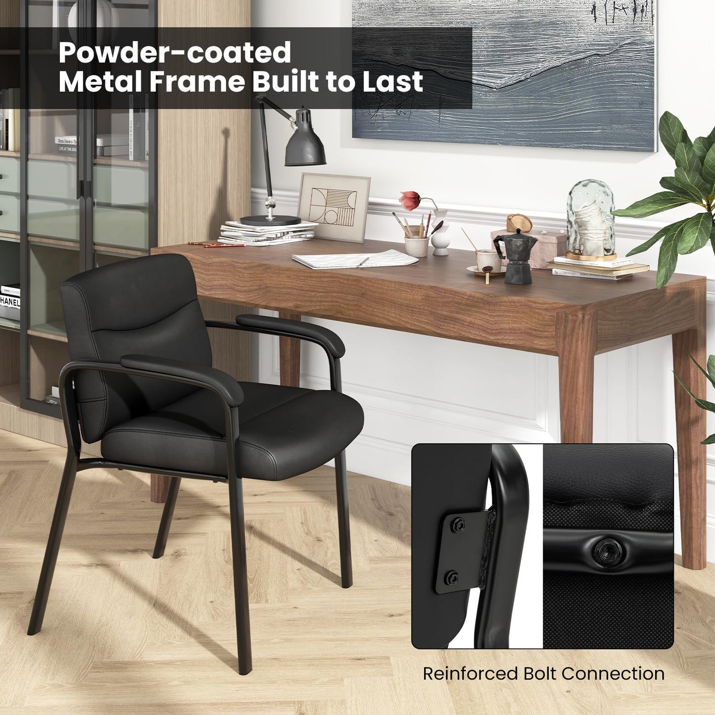 Tangkula Waiting Room Chairs, Upholstered PU Leather Conference Room Chairs with Padded Armrests, Black - CB10598DK-2