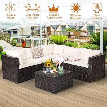 Tangkula 6 Pieces Patio Furniture Set, Outdoor Rattan Sofa Set, Wicker Conversation Set - HW68449WH+