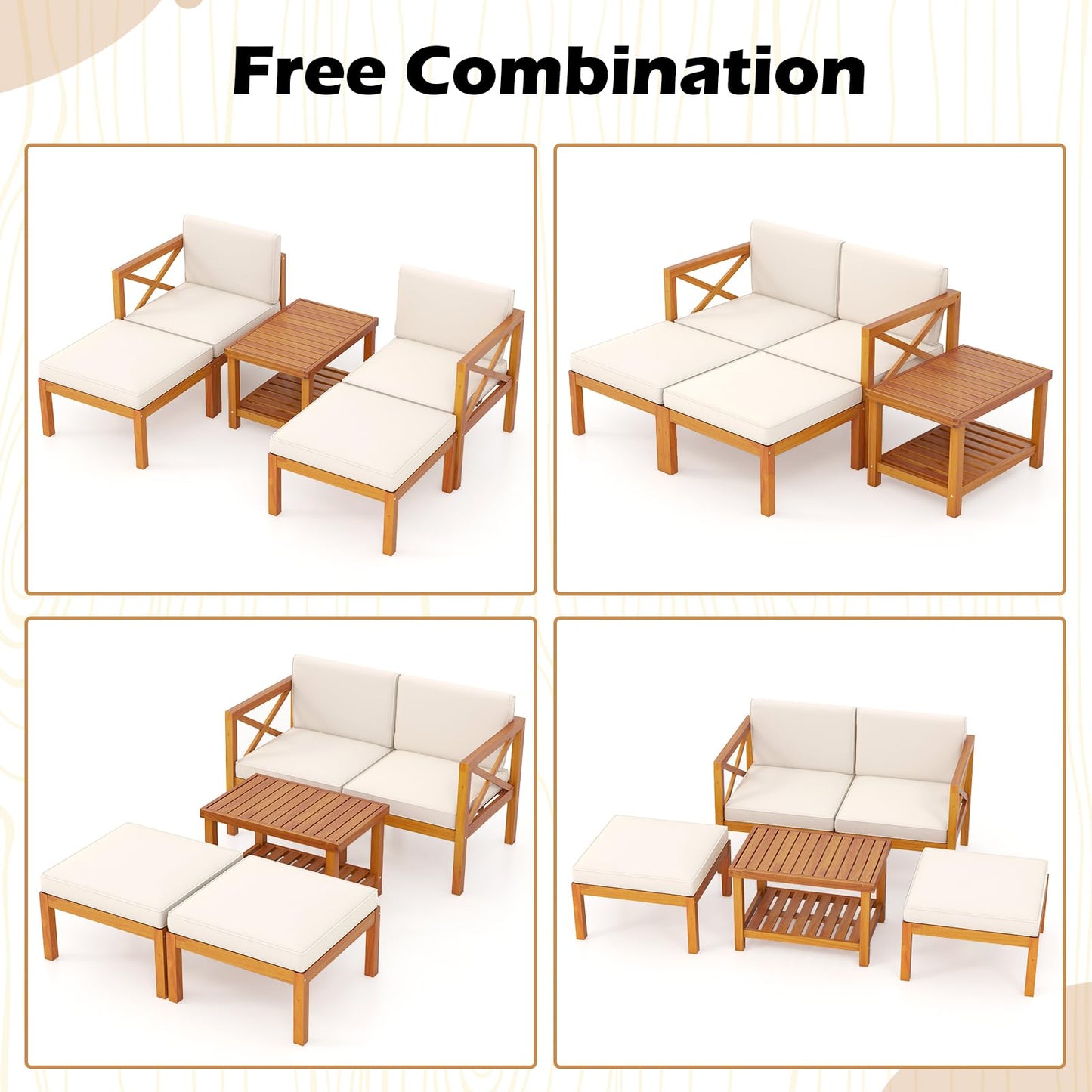 Tangkula 5 Pieces Acacia Wood Patio Chaise Lounge Chair Set with Ottomans and Cushions - HW72989WH+