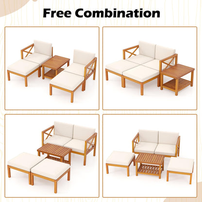 Tangkula 5 Pieces Acacia Wood Patio Chaise Lounge Chair Set with Ottomans and Cushions - HW72989WH+