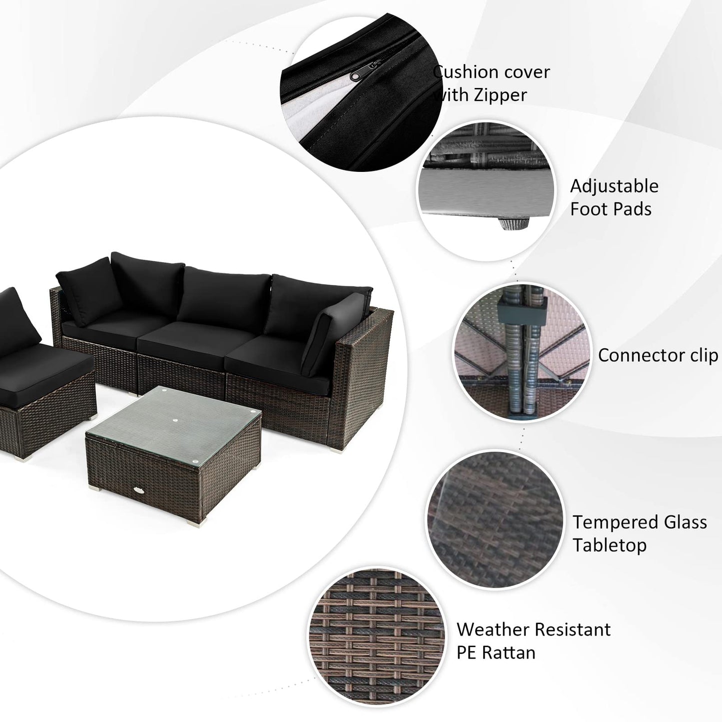 Tangkula 6 Piece Patio Wicker Conversation Set, Outdoor Rattan Sofa Set - NP10618CF+HW68691BDK+