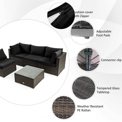 Tangkula 6 Piece Patio Wicker Conversation Set, Outdoor Rattan Sofa Set - NP10618CF+HW68691BDK+
