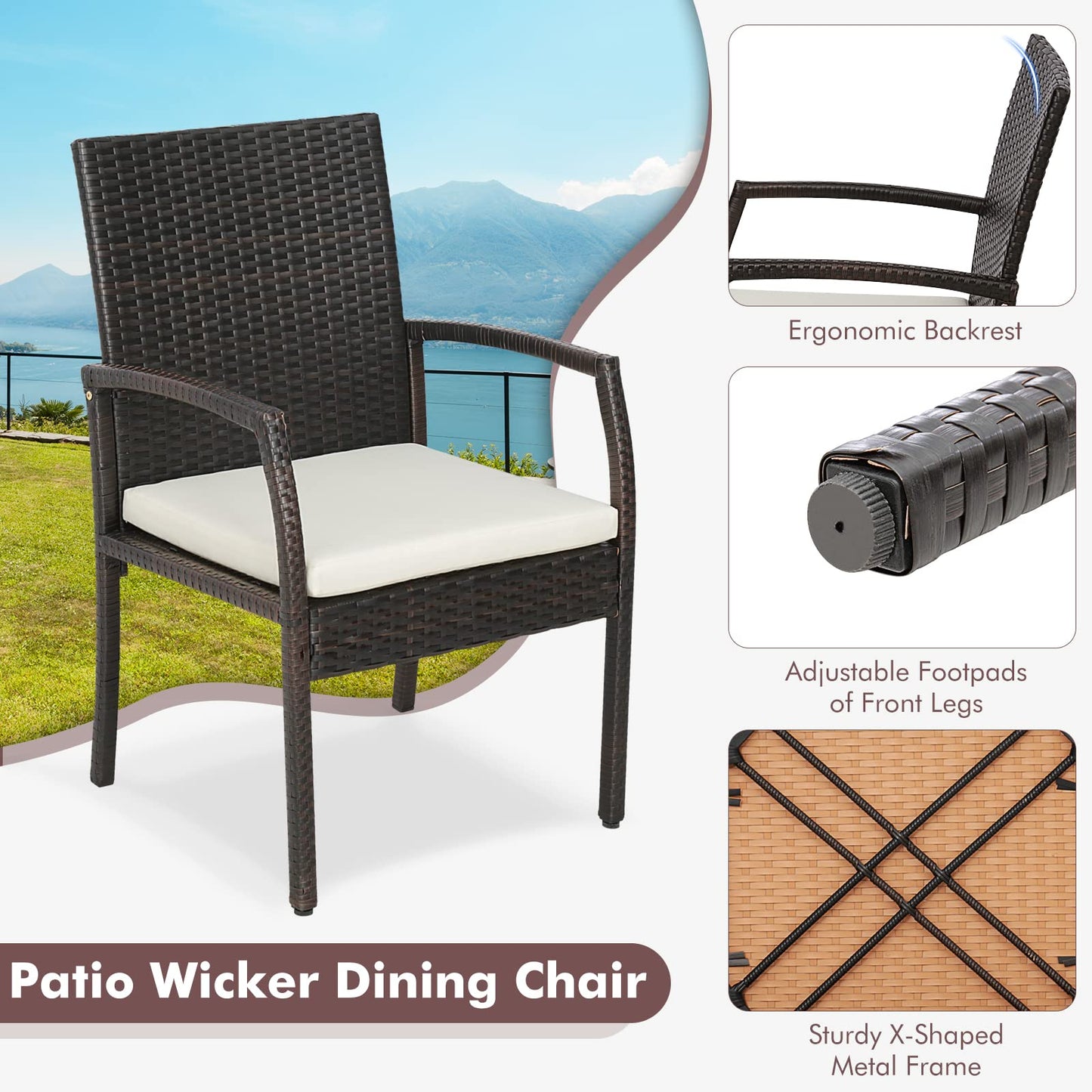 Tangkula Patio Rattan Dining Set, Acacia Wood Tabletop w/Umbrella Hole - HW70830-4+HW70840
