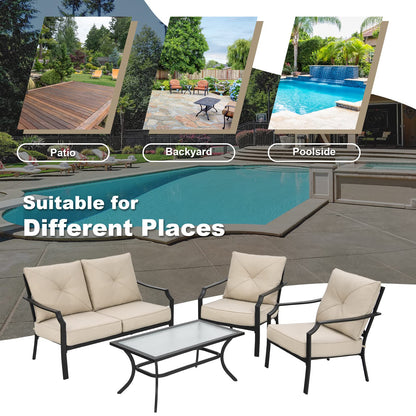 Tangkula 4 Pieces Outdoor Furniture Set, Patio Conversation Set with Cushions and Steel Frame - NP10083BE+NP10084WL-BE