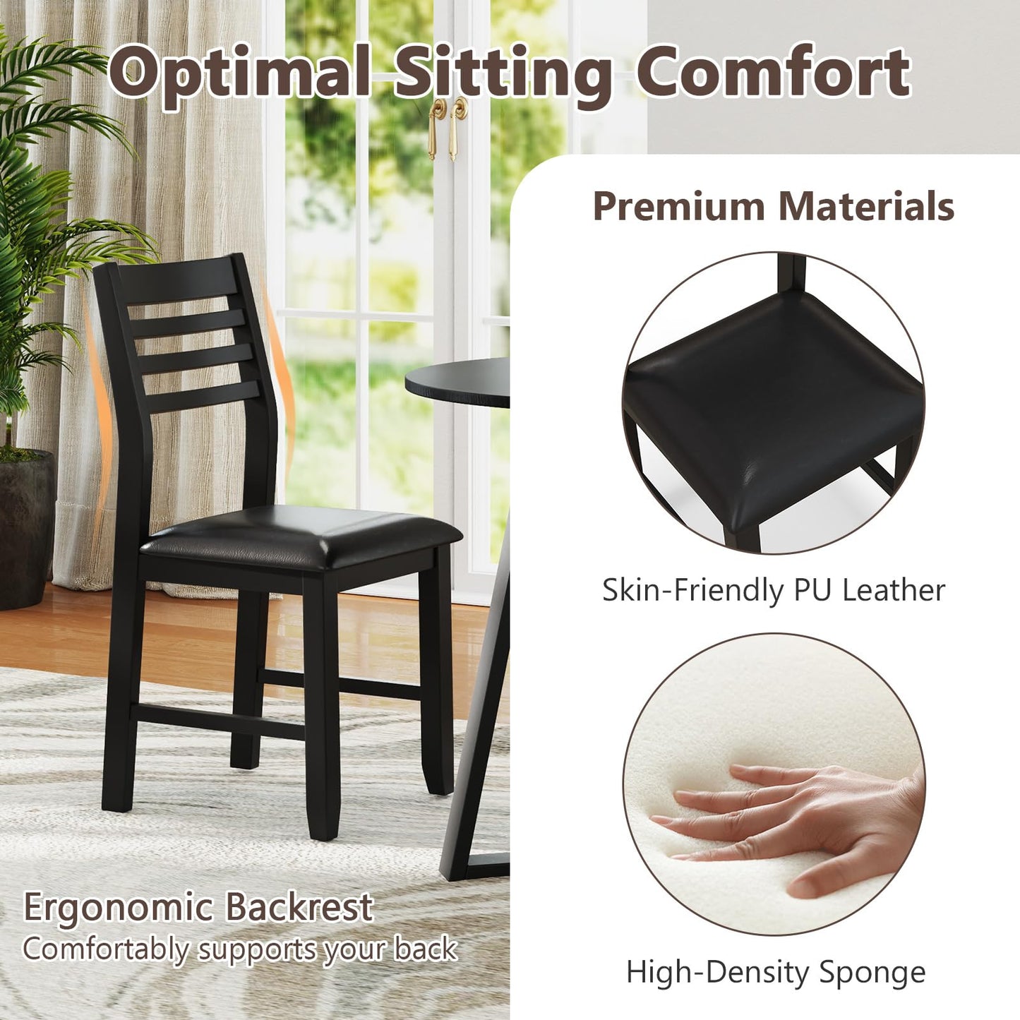 Tangkula Round Dining Table Set , Dinette Set with Table and Padded PU Chairs - KC57274BK+KC57108BK