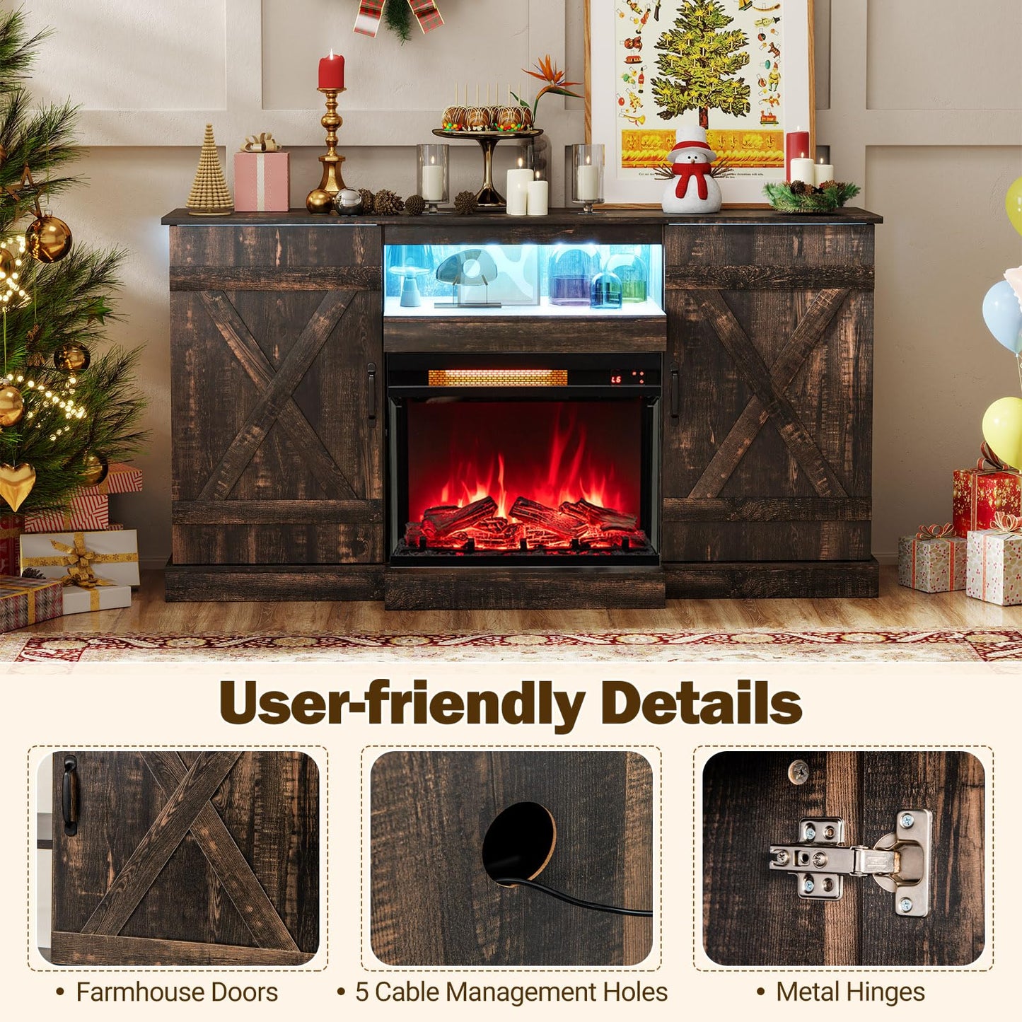 Tangkula 58” Fireplace TV Stand with 23” 3-Side Glass Electric Fireplace - HV10482CF+FP10806US-BK