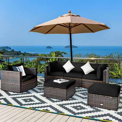 Tangkula 6 Pieces Patio Rattan Sectional Furniture Set, Outdoor Wicker Conversation Set with Glass Coffee Table Sofa Ottoman - HW63877BK+