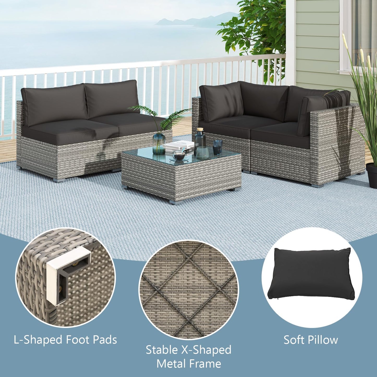 Tangkula 5-Piece Outdoor Patio Sectional Sofa Couch - HW73141GR+