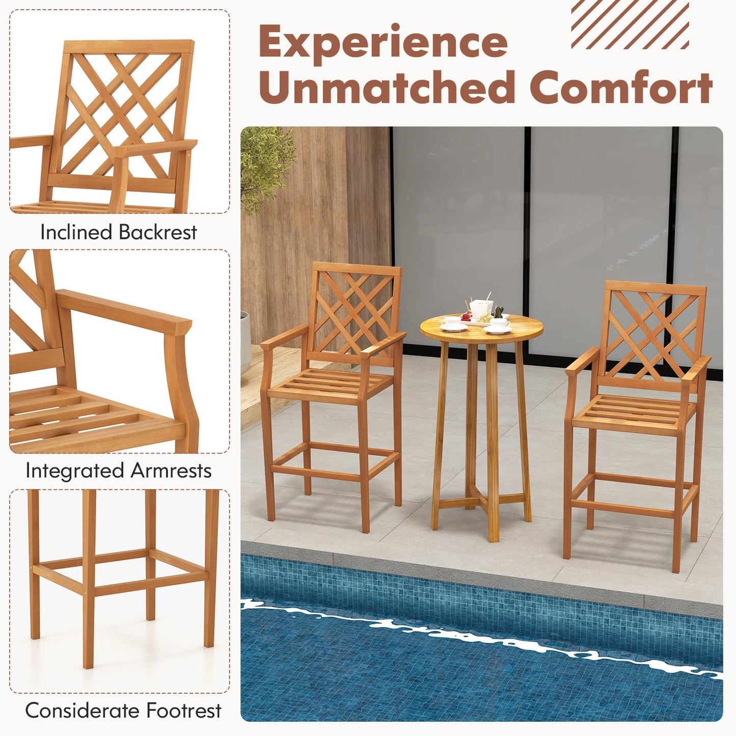 Tangkula 3 Piece Patio Bar Set, Teak Wood Bistro Furniture with Backrest, Armrests & Footrest - 2*JV11957+JV11903