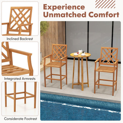 Tangkula 3 Piece Patio Bar Set, Teak Wood Bistro Furniture with Backrest, Armrests & Footrest - 2*JV11957+JV11903