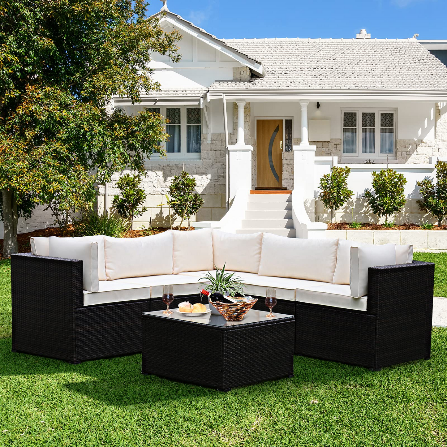 Tangkula 6 Pieces Patio Furniture Set, Outdoor Rattan Sofa Set, Wicker Conversation Set - HW68449WH+