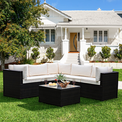 Tangkula 6 Pieces Patio Furniture Set, Outdoor Rattan Sofa Set, Wicker Conversation Set - HW68449WH+