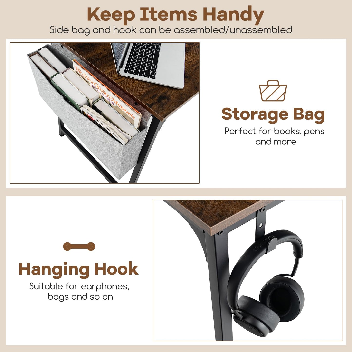 Tangkula 60” Large Computer Desk with Charging Station, Modern Simple Study Writing Desk with Storage Bag - 4*JV11154US-CF