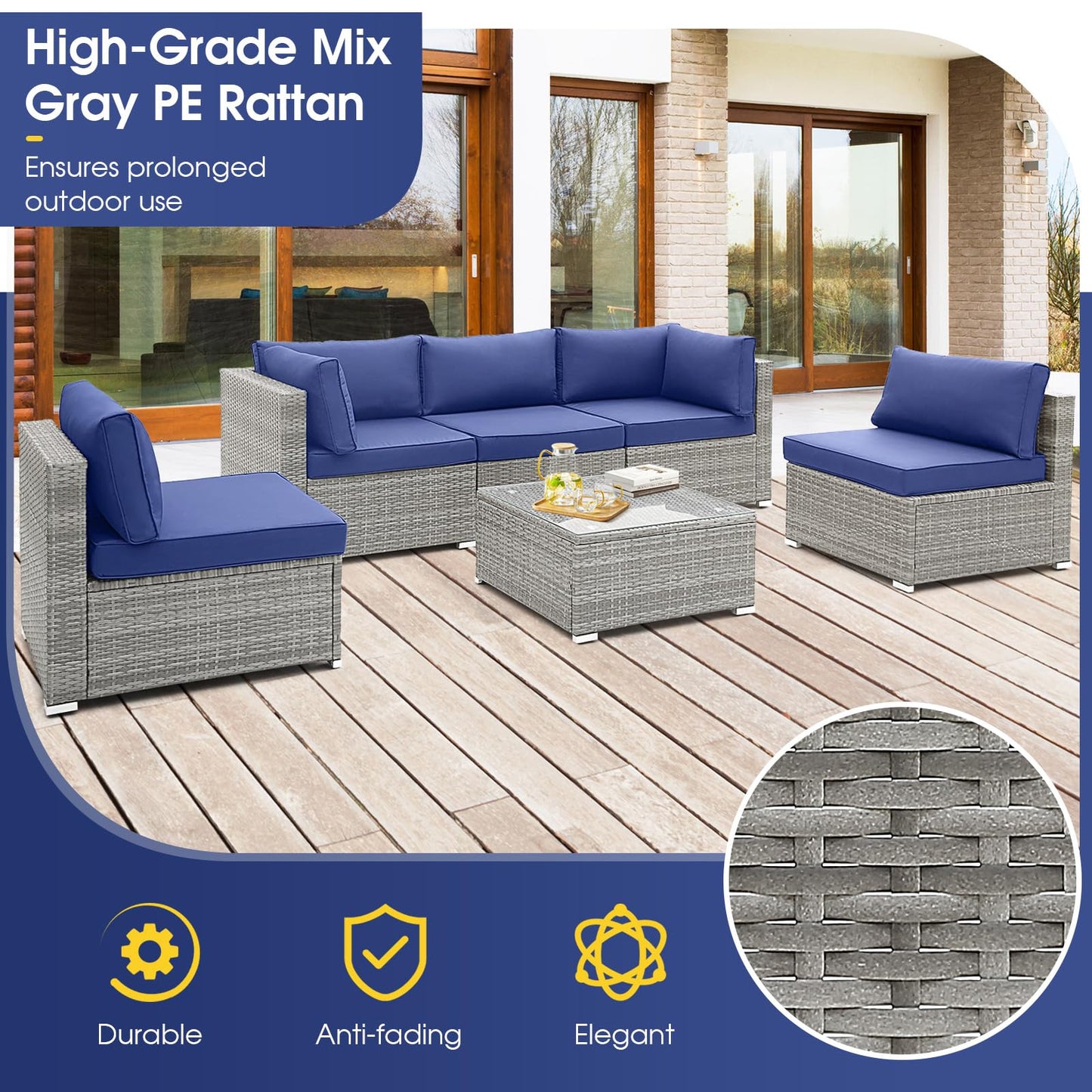 Tangkula Outdoor Wicker Furniture Set with Tempered Glass Coffee Table, Comfy Seat & Back Cushions - HW71245NY+