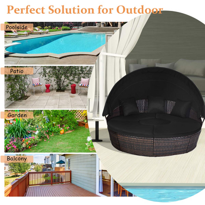 Tangkula Patio Round Daybed with Retractable Canopy, Outdoor Wicker Rattan Furniture Sets - HW63763+