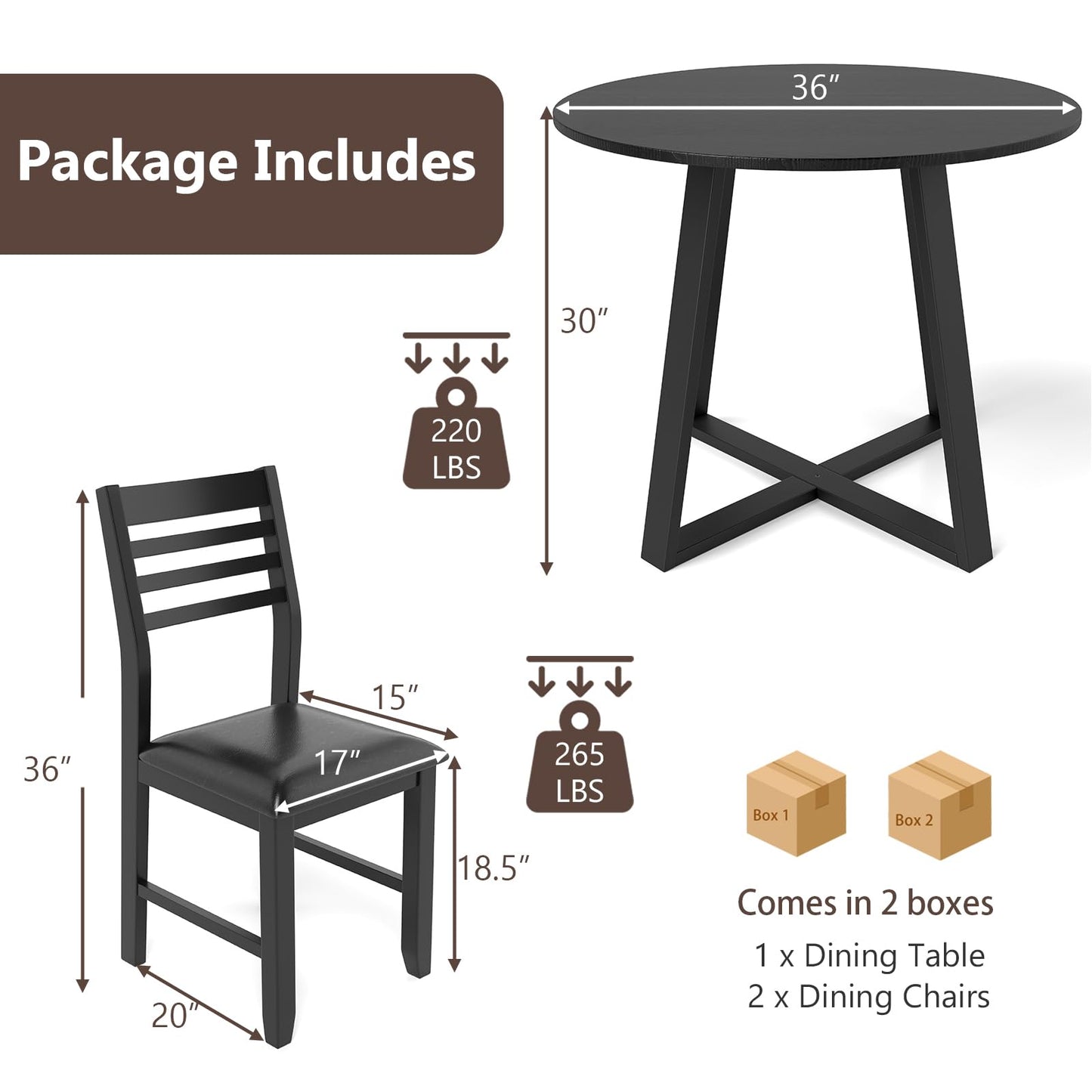 Tangkula Round Dining Table Set , Dinette Set with Table and Padded PU Chairs - KC57274BK+KC57108BK