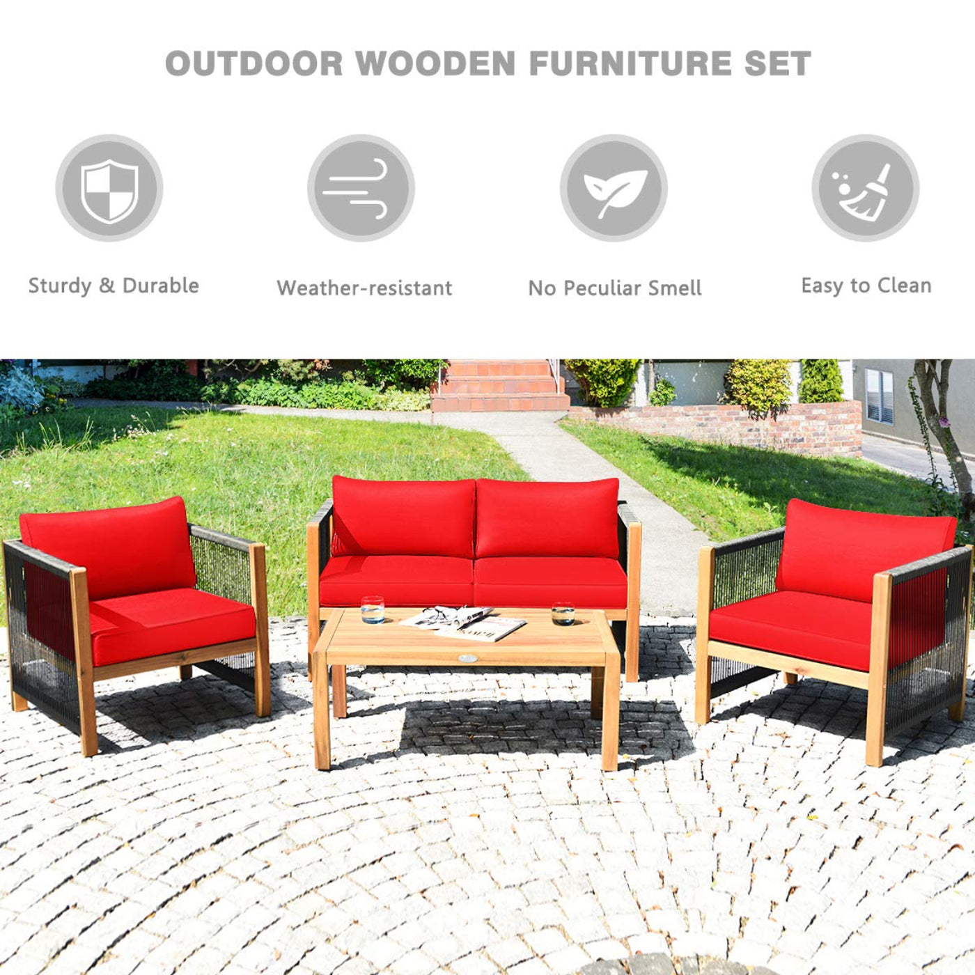Tangkula Outdoor Wood Furniture Set, Acacia Wood Frame Loveseat Sofa, 2 Single Chairs and Coffee Table - HW63868RE