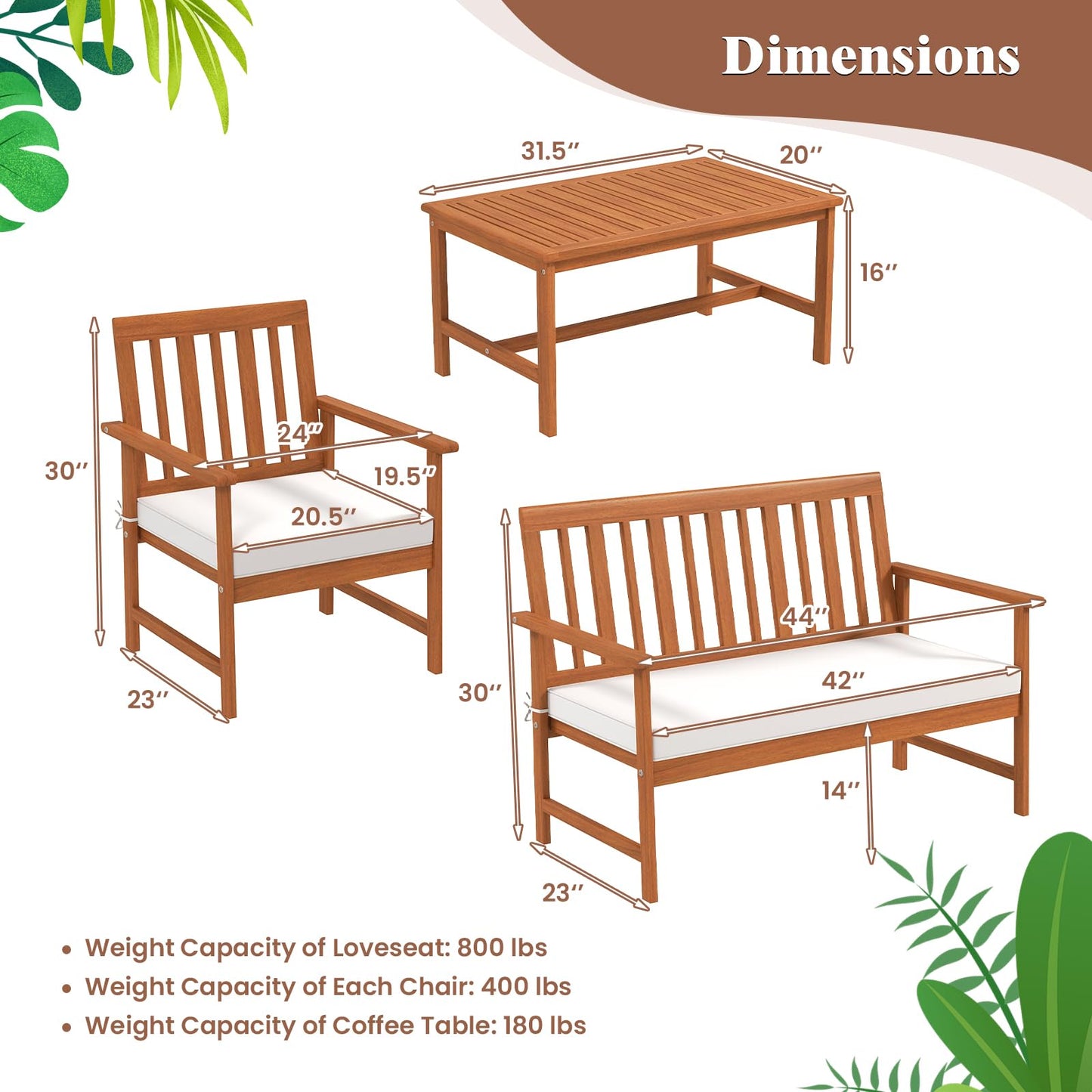 Tangkula 4/8-Piece Acacia Wood Patio Conversation Set - 2*HW73087WH