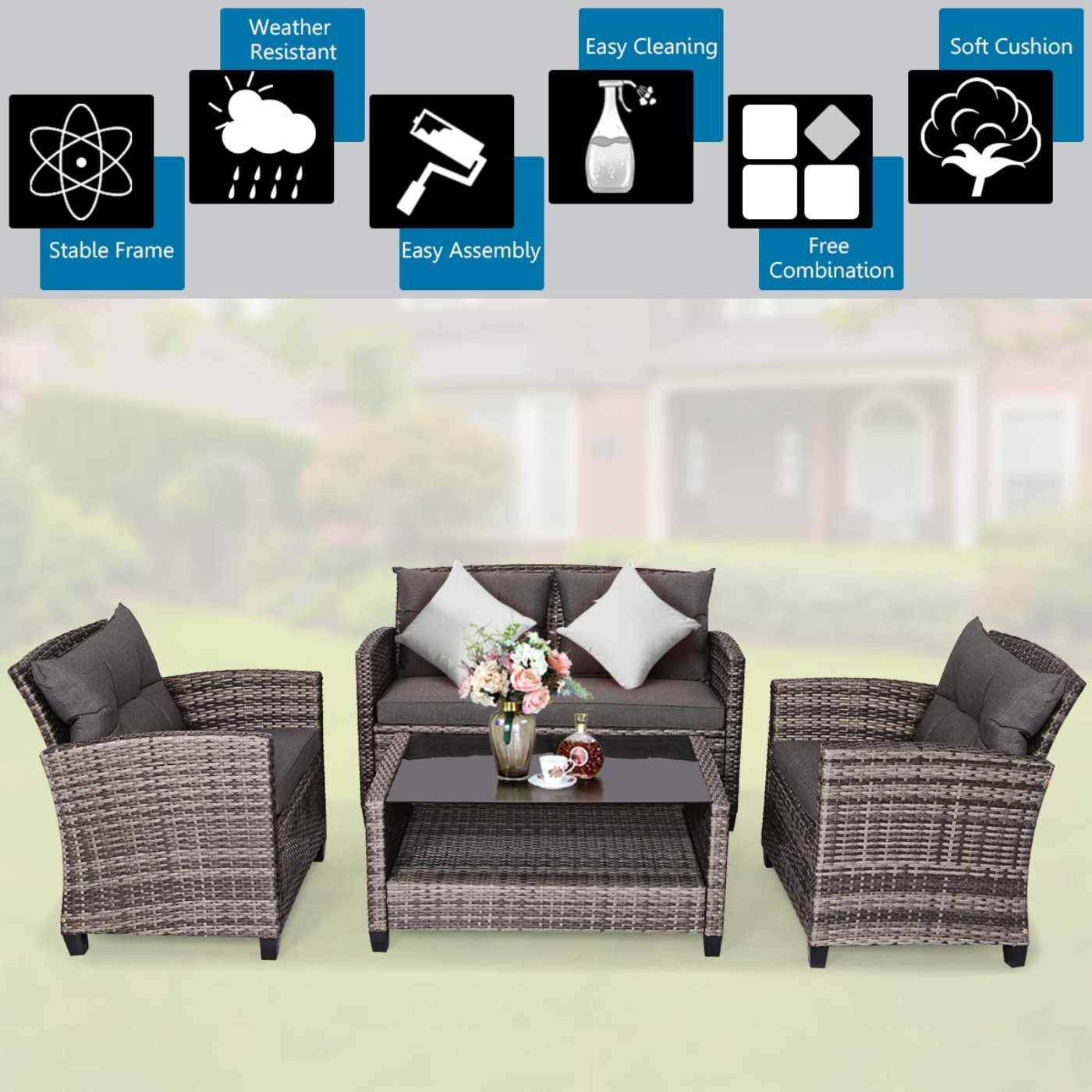 Tangkula Patio Wicker Conversation Furniture Set - HW65630+
