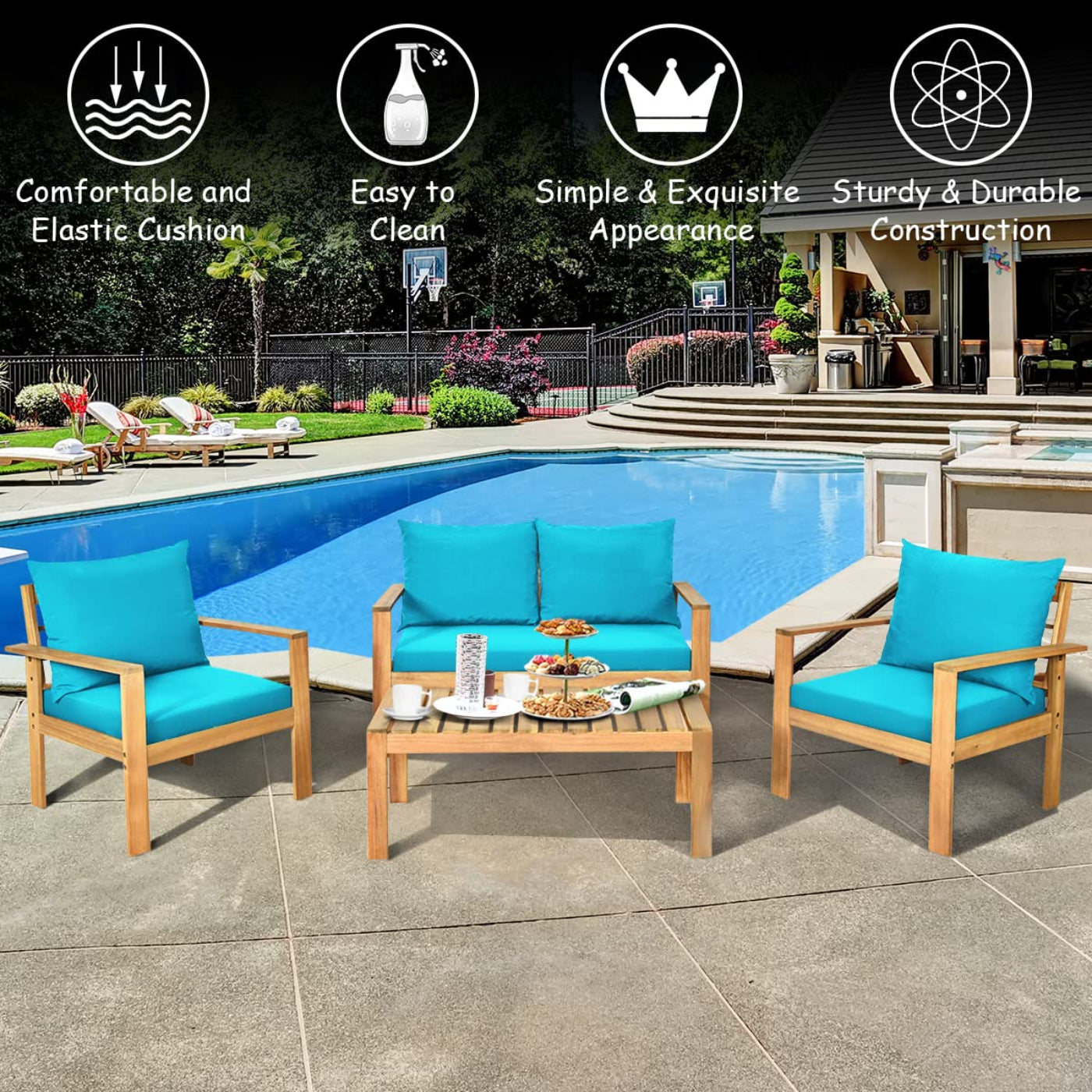 Tangkula Outdoor 4-Piece Acacia Wood Chat Set - HW64146WH-C+HW64146TU+