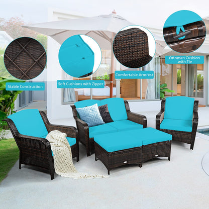 Tangkula 5 Pieces Patio Furniture Set, Outdoor Rattan Conversation Sofa Set with Loveseat - HW67702TU+