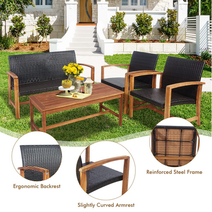 Tangkula 4-Piece PE Rattan Patio Furniture Set, Outdoor Conversation Set - HW69384-12B+HW69384-22B