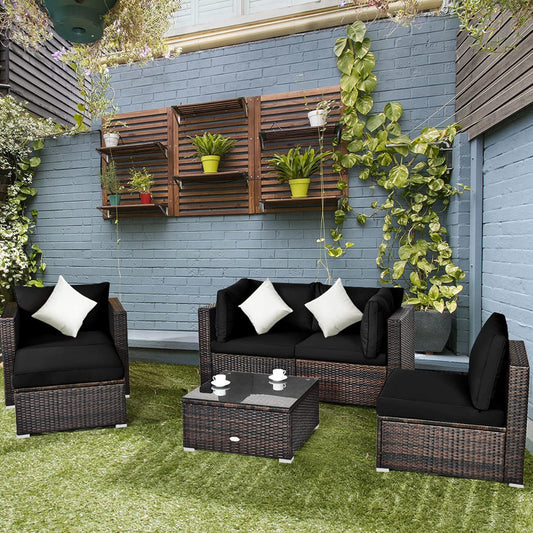 Tangkula 6 Pieces Patio Rattan Sectional Furniture Set, Outdoor Wicker Conversation Set with Glass Coffee Table Sofa Ottoman - HW63877BK+