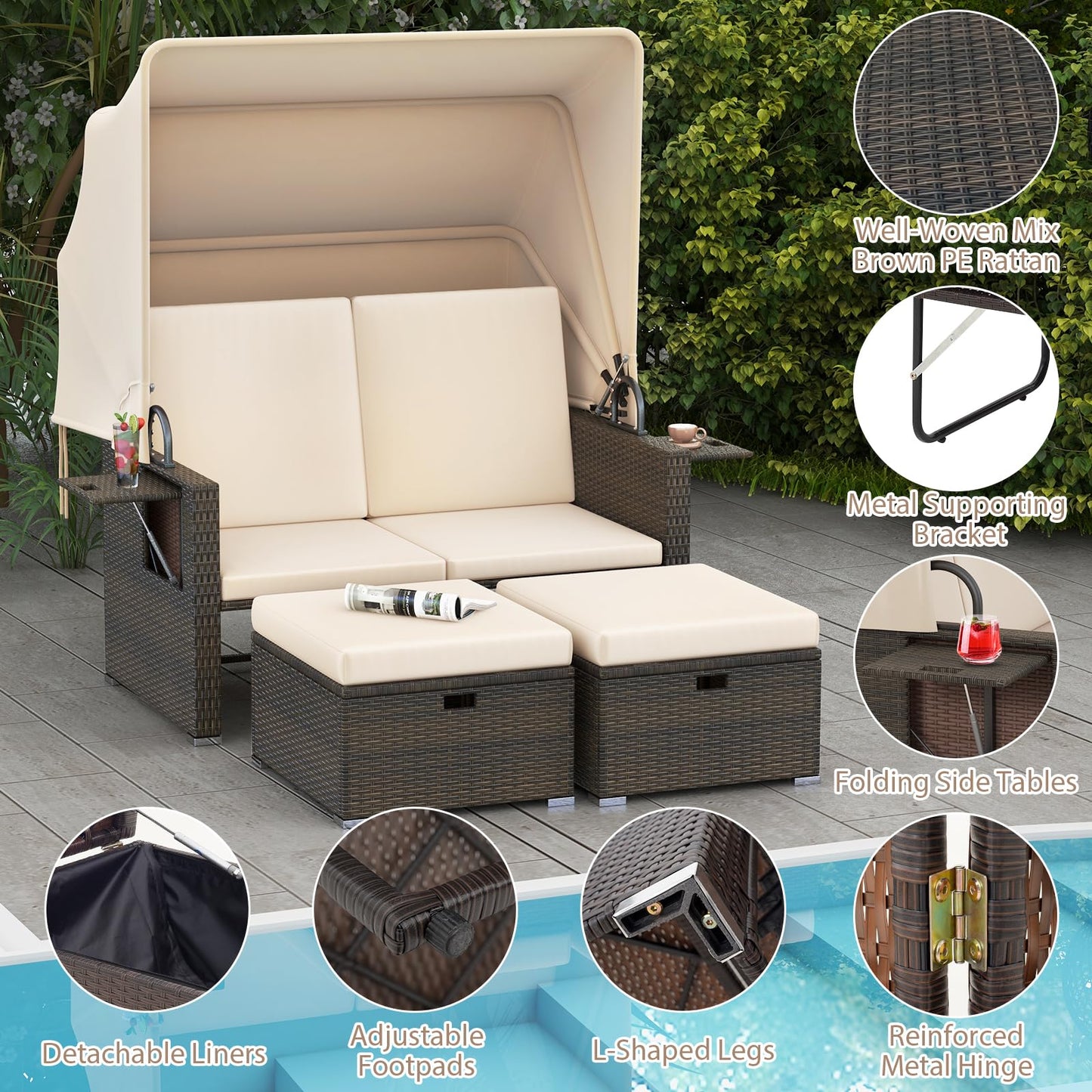 Tangkula Outdoor Patio Rattan Daybed w/Retractable Canopy & Adjustable Backrests - HW72573BN+