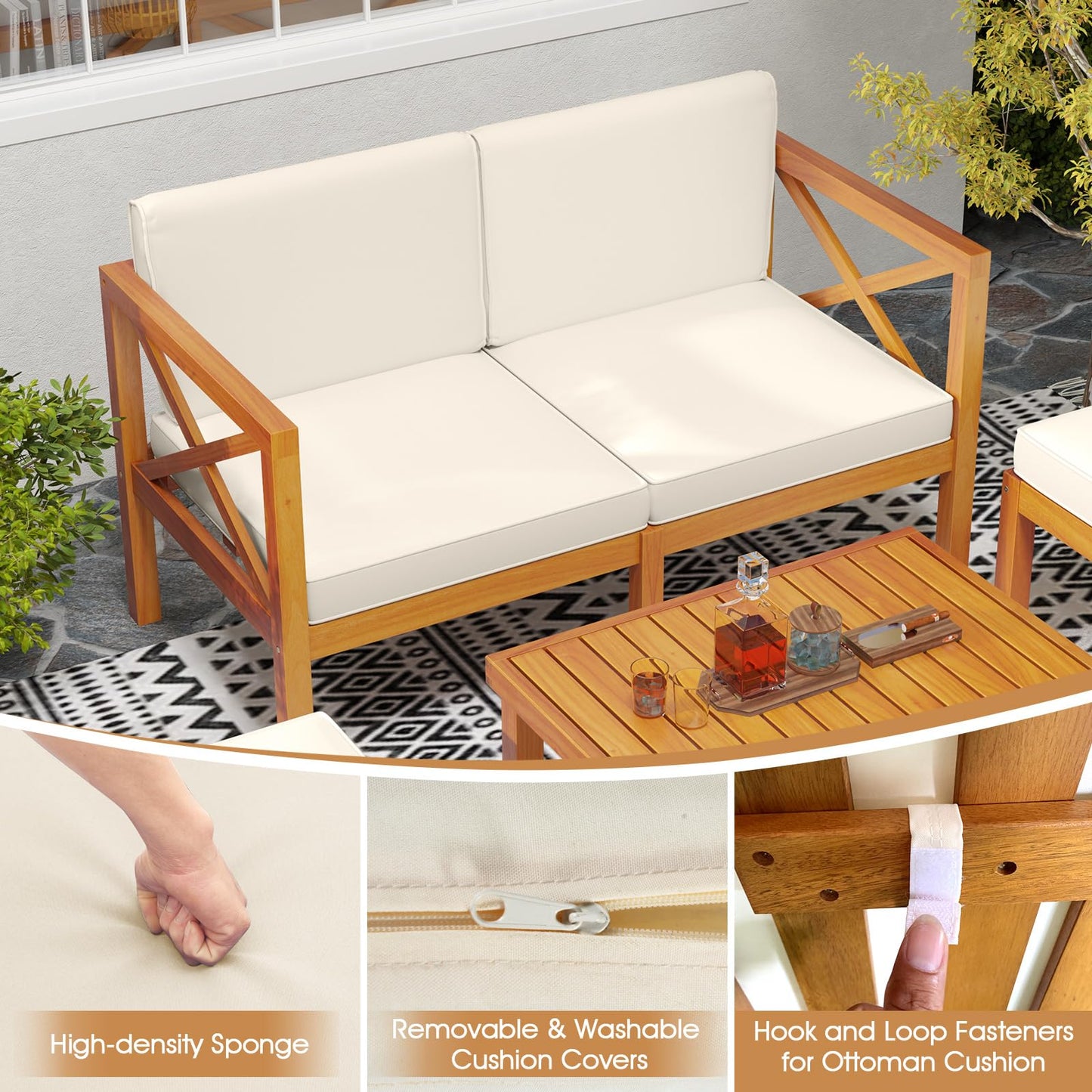 Tangkula 5 Pieces Acacia Wood Patio Chaise Lounge Chair Set with Ottomans and Cushions - HW72989WH+