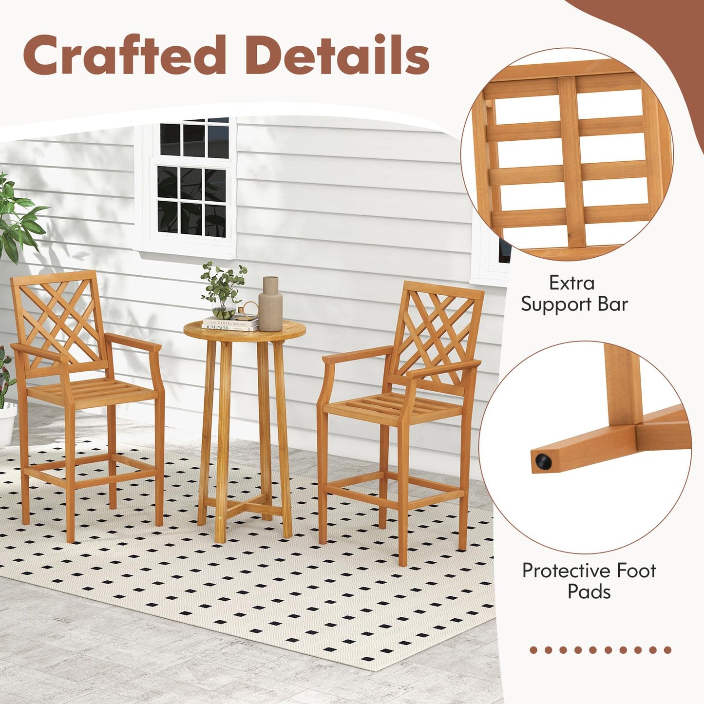 Tangkula 3 Piece Patio Bar Set, Teak Wood Bistro Furniture with Backrest, Armrests & Footrest - 2*JV11957+JV11903