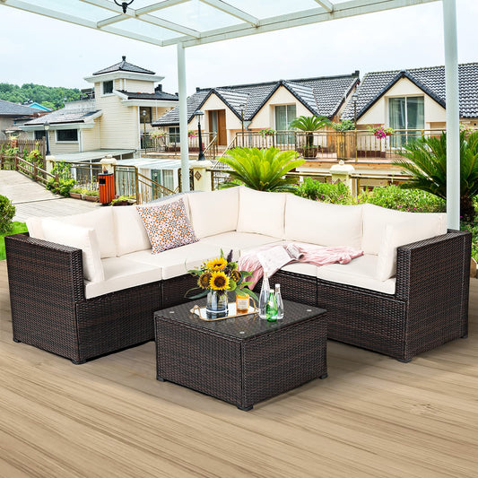 Tangkula 6 Pieces Patio Furniture Set, Outdoor Rattan Sofa Set, Wicker Conversation Set - HW68449WH+