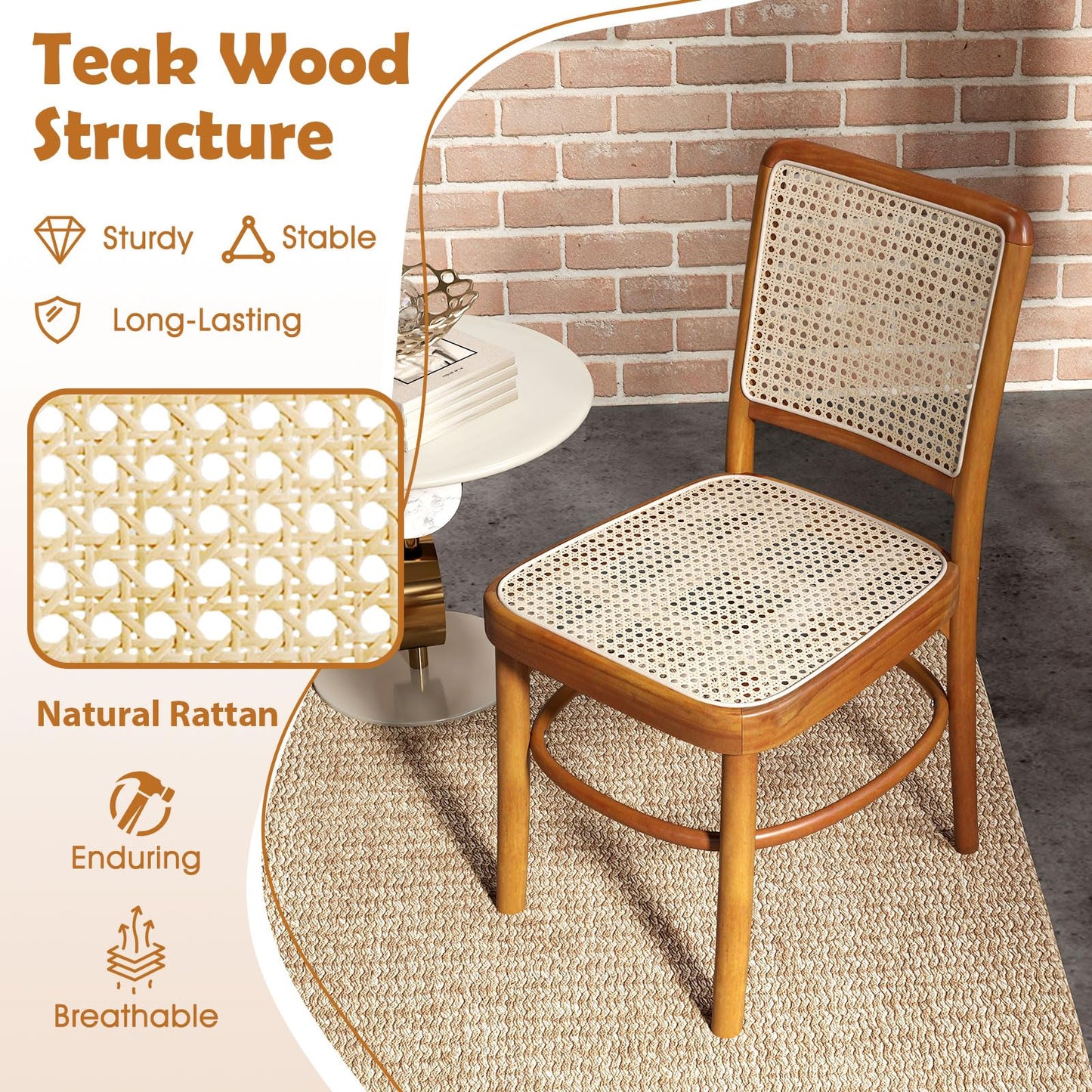 Tangkula Boho Dining Chairs, Natural Rattan Living Room Chairs with Teak Wood Structure & Footrests - JV11895