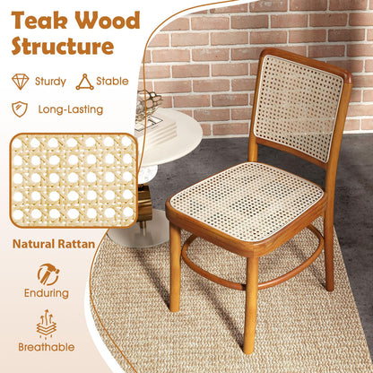 Tangkula Boho Dining Chairs, Natural Rattan Living Room Chairs with Teak Wood Structure & Footrests - JV11895